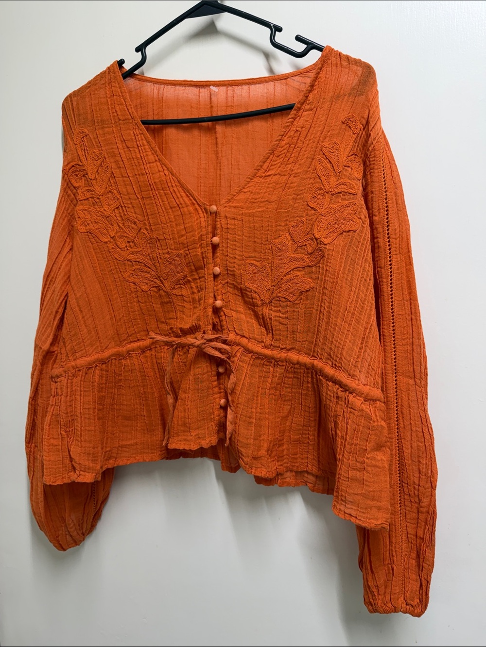 Embroidered V-Neck Button-Front Blouse in Orange